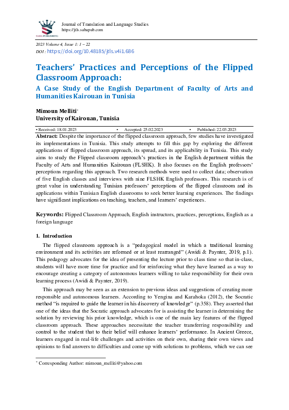 (PDF) Teachers’ Practices and Perceptions of the Flipped Classroom Approach