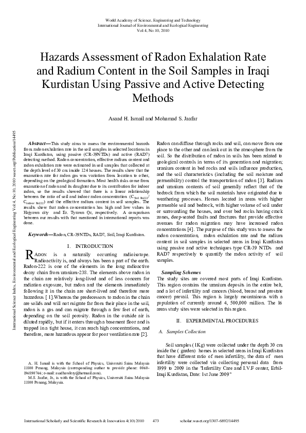(PDF) Hazards Assessment Of Radon Exhalation Rate And Radium Content In ...