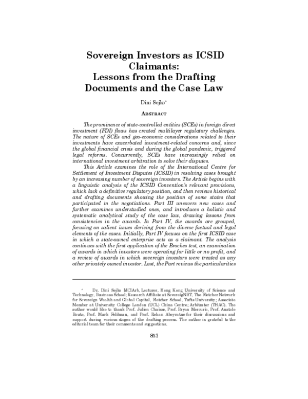 (PDF) Sovereign Investors as ICSID Claimants: Lessons from the Drafting ...