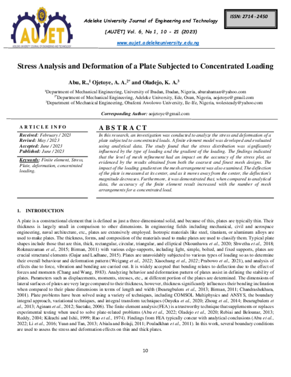 (PDF) Stress Analysis and Deformation of a Plate Subjected to ...