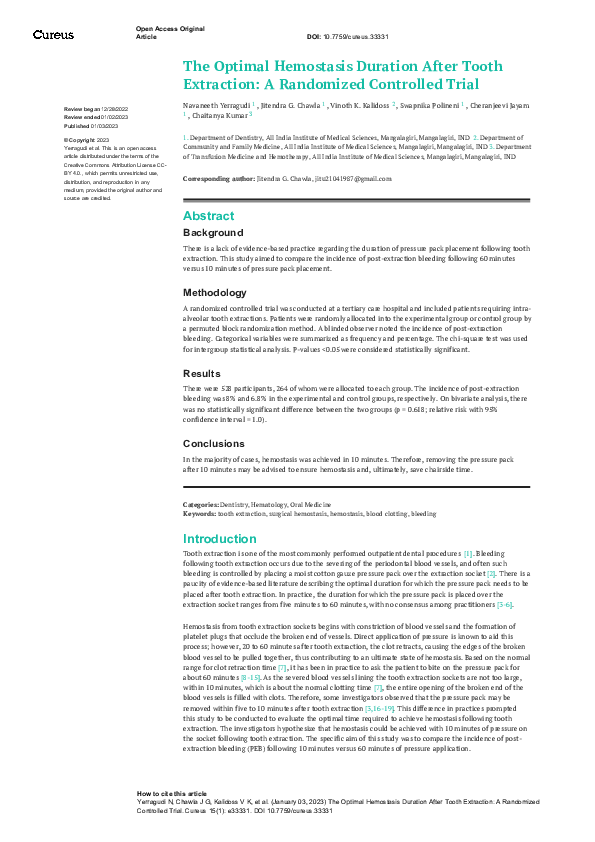 (PDF) The Optimal Hemostasis Duration After Tooth Extraction A