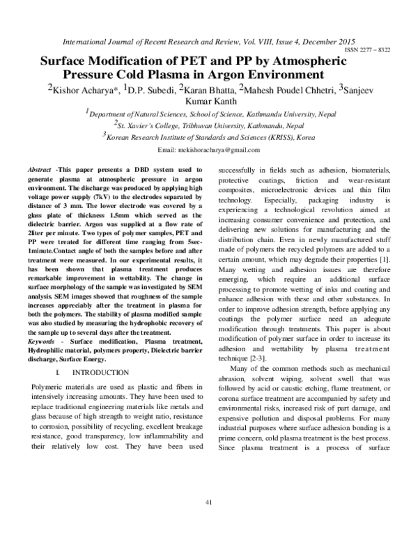 (PDF) Surface Modification of PET and PP by Atmospheric Pressure Cold ...