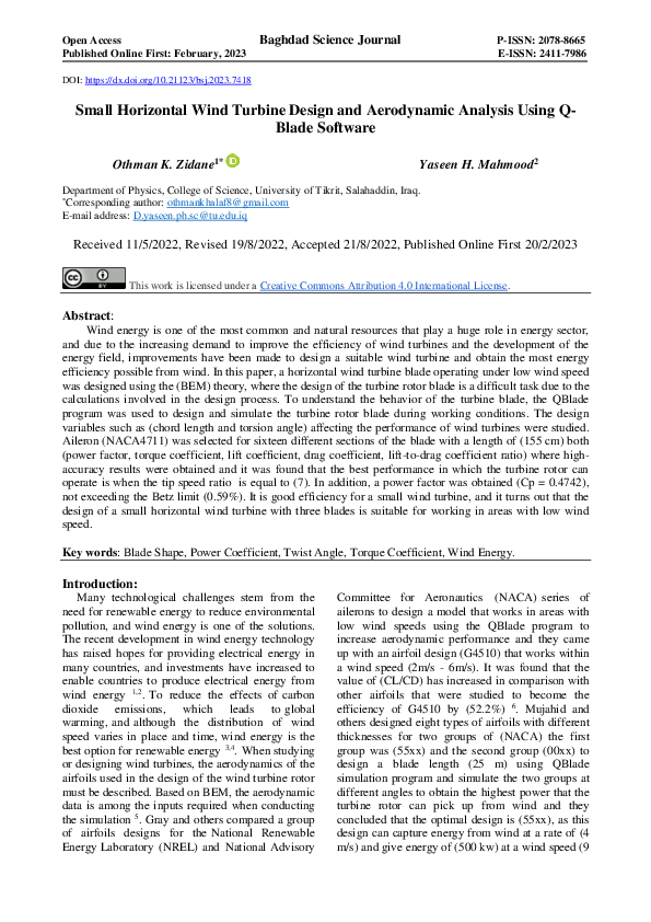 (PDF) Small Horizontal Wind Turbine Design and Aerodynamic Analysis ...