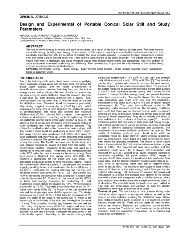 (PDF) Design and Experimental of Portable Conical Solar Still and Study ...