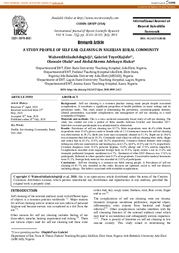 (PDF) A STUDY PROFILE OF SELF EAR CLEANING IN NIGERIAN RURAL COMMUNITY ...