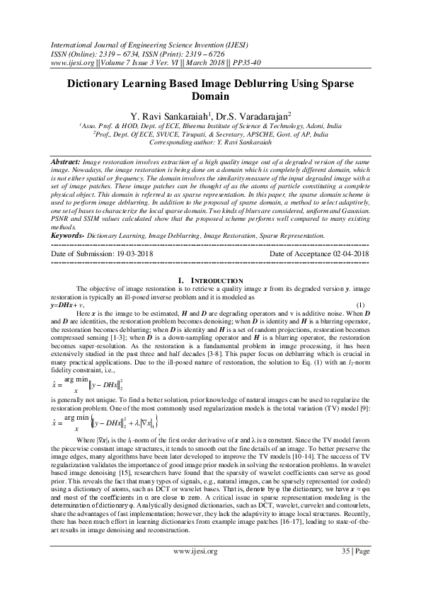 (PDF) Dictionary Learning Based Image Deblurring Using Sparse Domain
