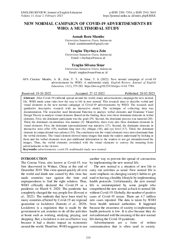 (PDF) New Normal Campaign of COVID-19 Advertisements by Who: A ...