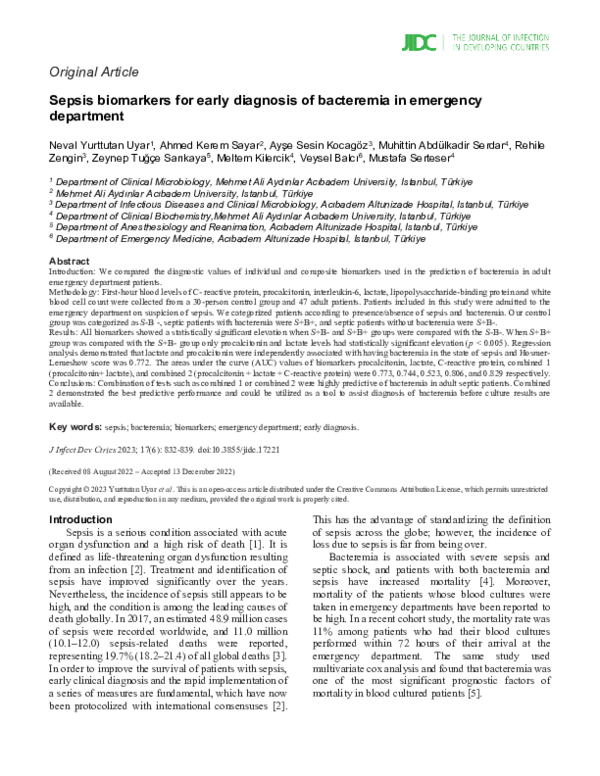 (PDF) Sepsis biomarkers for early diagnosis of bacteremia in emergency ...