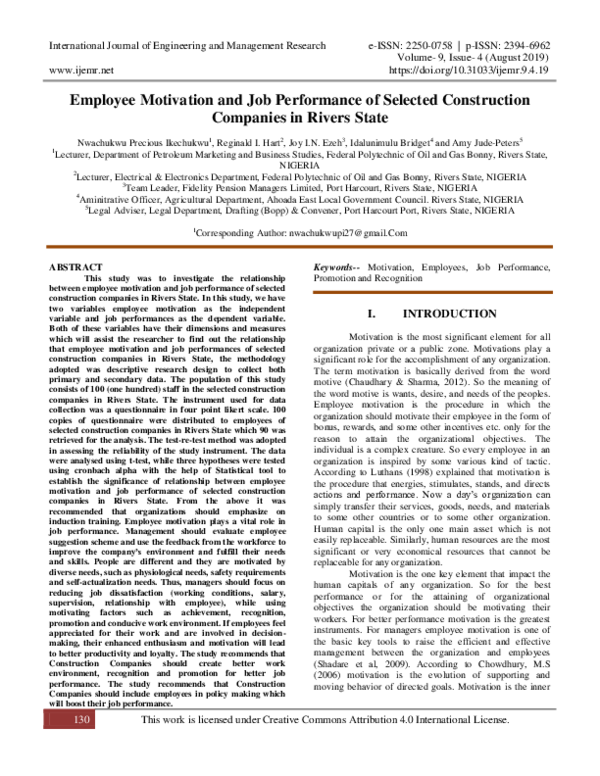 (PDF) Employee Motivation and Job Performance of Selected Construction ...