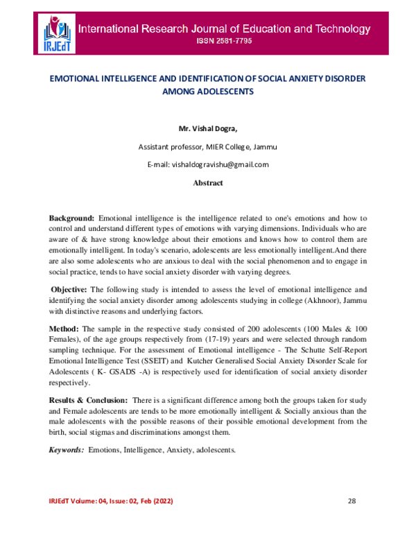 (PDF) EMOTIONAL INTELLIGENCE AND IDENTIFICATION OF SOCIAL ANXIETY ...