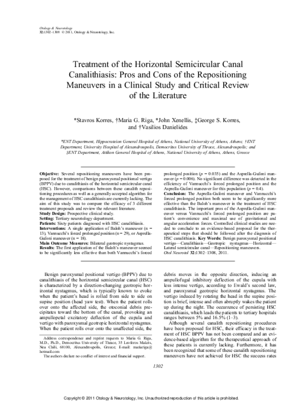 (PDF) Treatment of the Horizontal Semicircular Canal Canalithiasis