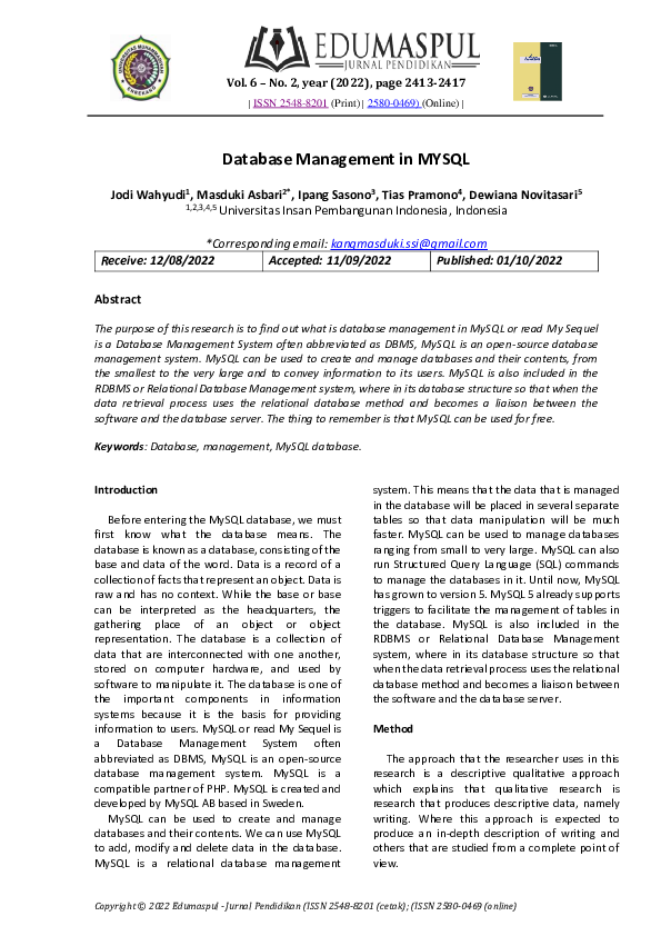 (PDF) Database Management Education in MYSQL