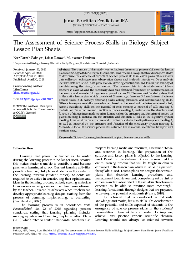 (PDF) Assessment of Science Process Skills in Biology Subject Lesson ...