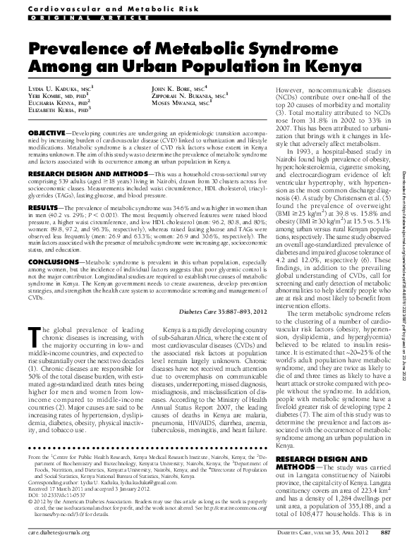 (PDF) Prevalence of Metabolic Syndrome Among an Urban Population in Kenya