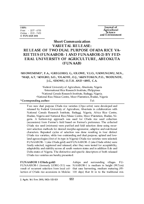 (PDF) Varietal Release: Release of Two Dual Purpose Ofada Rice ...