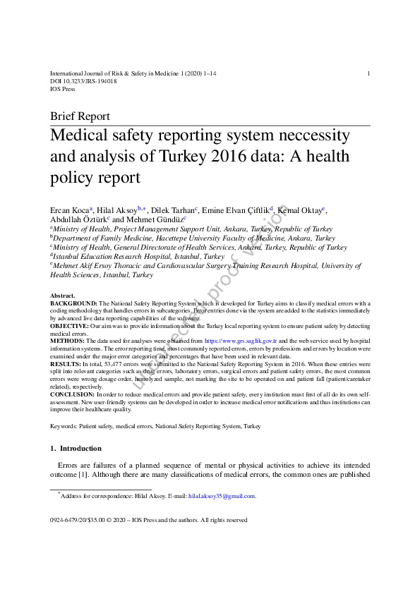 (PDF) Medical safety reporting system neccessity and analysis of Turkey ...