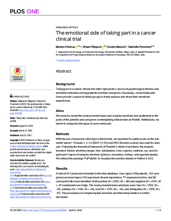 (PDF) The emotional side of taking part in a cancer clinical trial