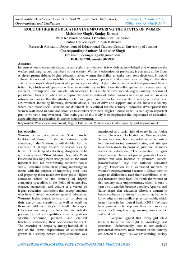 (PDF) ROLE OF HIGHER EDUCATION IN EMPOWERING THE STATUS OF WOMEN