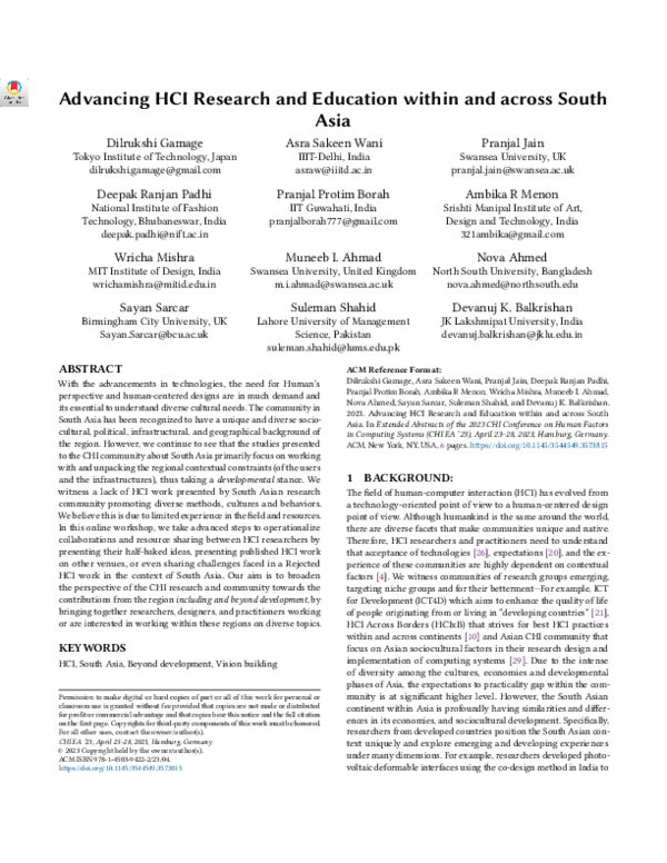 (PDF) Advancing HCI Research and Education within and across South Asia
