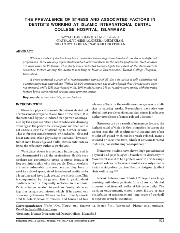 (PDF) The Prevalence of Stress and Associated Factors in Dentists ...