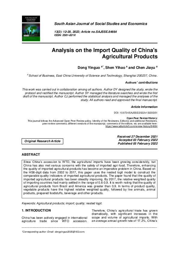 (PDF) Analysis on the Import Quality of China's Agricultural Products