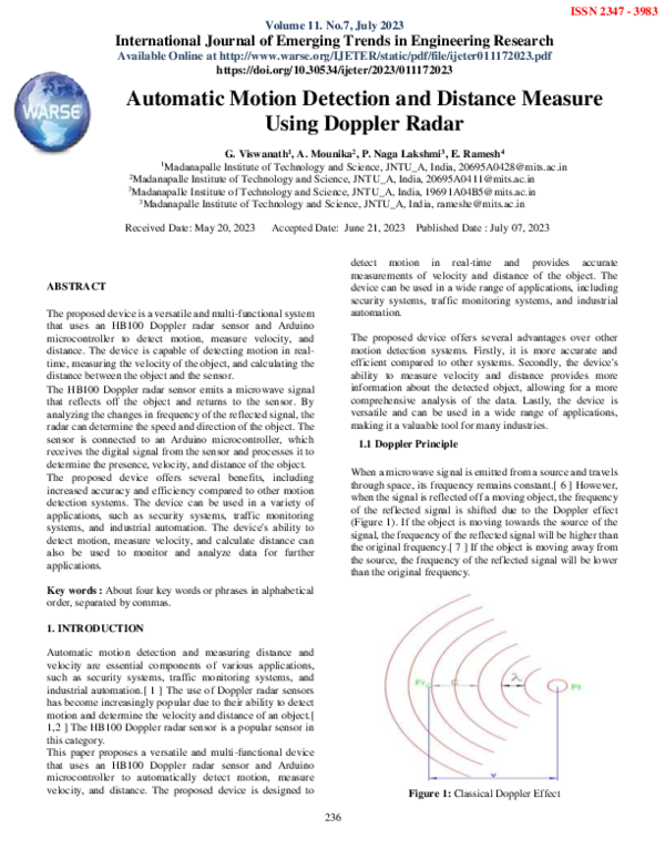 (PDF) Automatic Motion Detection and Distance Measure Using Doppler Radar