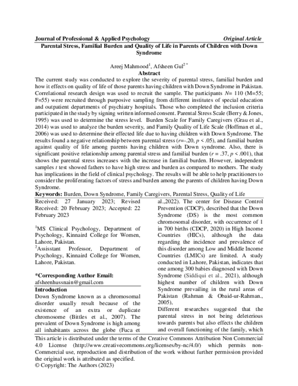 (PDF) Parental Stress, Familial Burden and Quality of Life in Parents ...