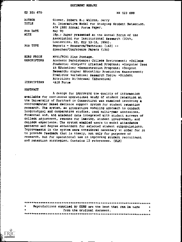 (PDF) An Interactive Model for Studying Student Retention. AIR 1990 ...