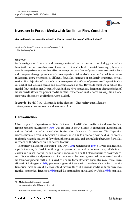 (PDF) Transport in Porous Media with Nonlinear Flow Condition