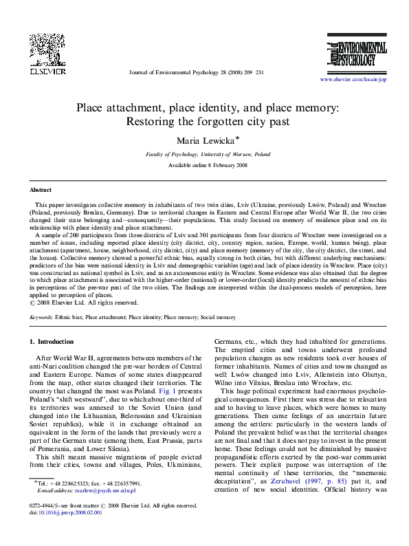 (PDF) Place attachment, place identity, and place memory: Restoring the ...