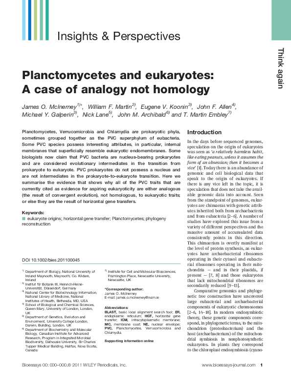(PDF) Planctomycetes and eukaryotes: A case of analogy not homology