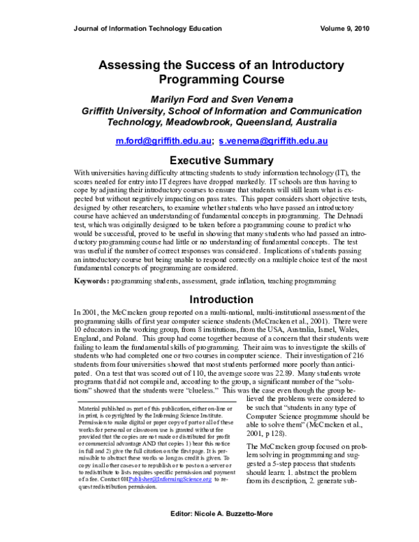 (PDF) Assessing the Success of an Introductory Programming Course