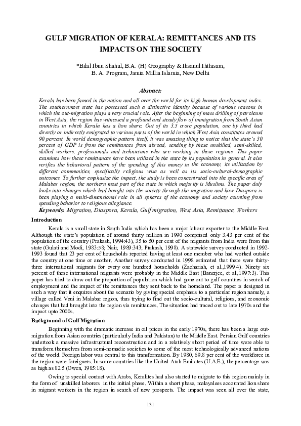 (PDF) GULF MIGRATION OF KERALA: REMITTANCES AND ITS IMPACTS ON THE SOCIETY