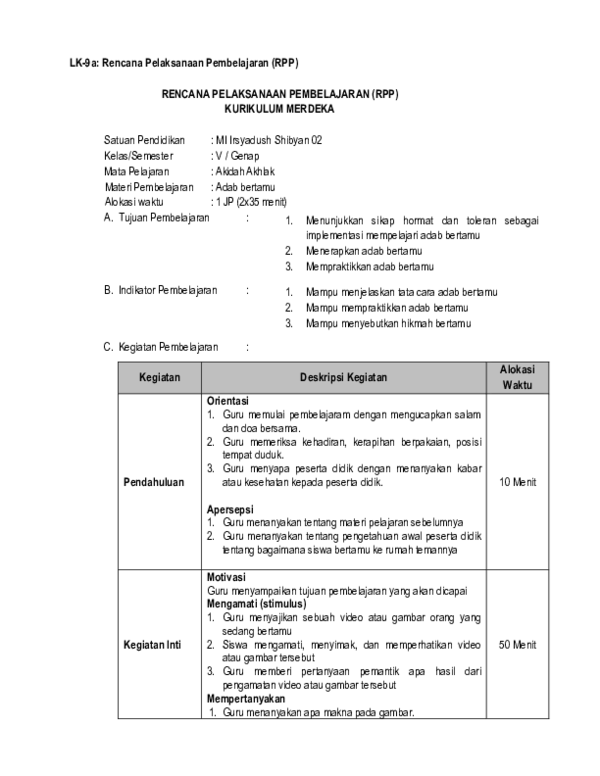 (PDF) Tugas LK 9 Menyusun RPP atau Modul Ajar Faridhotul Ulum