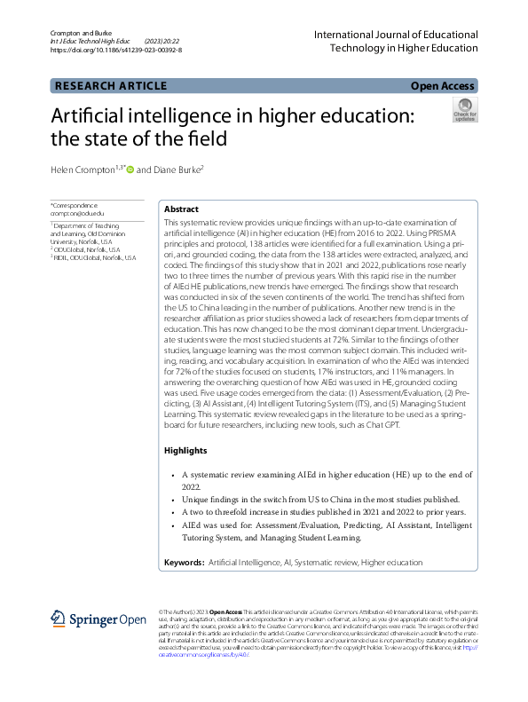 (PDF) Artificial intelligence in higher education: the state of the field