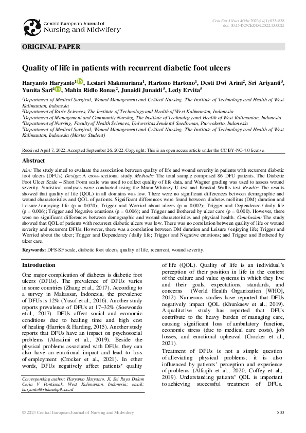 (PDF) Quality of life in patients with recurrent diabetic foot ulcers