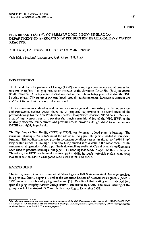 (PDF) Pipe break testing of primary loop piping similar to the ...