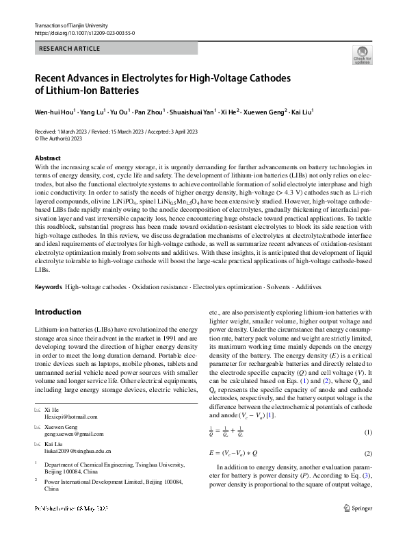 (PDF) Recent Advances in Electrolytes for High-Voltage Cathodes of ...