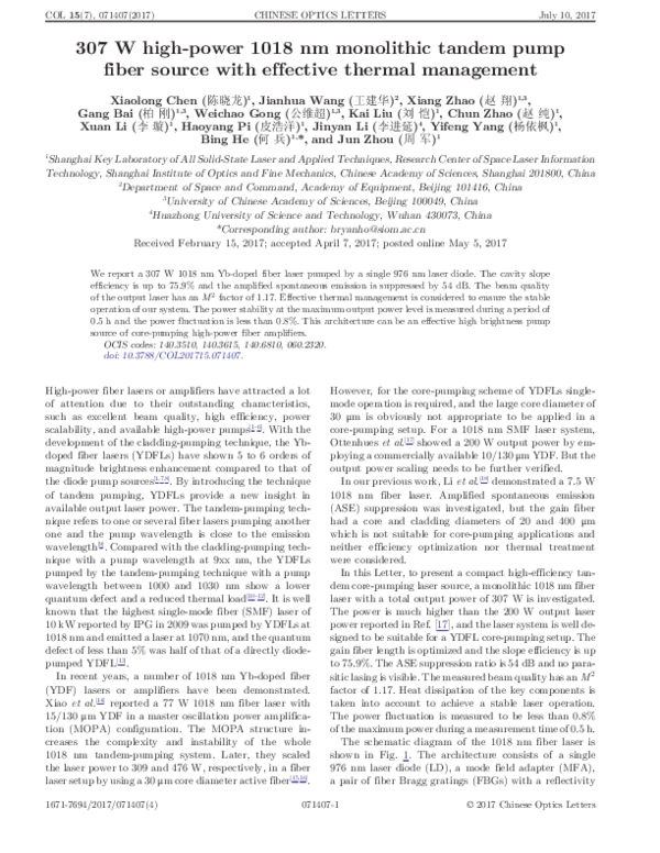 (PDF) 307 W high-power 1018 nm monolithic tandem pump fiber source with ...