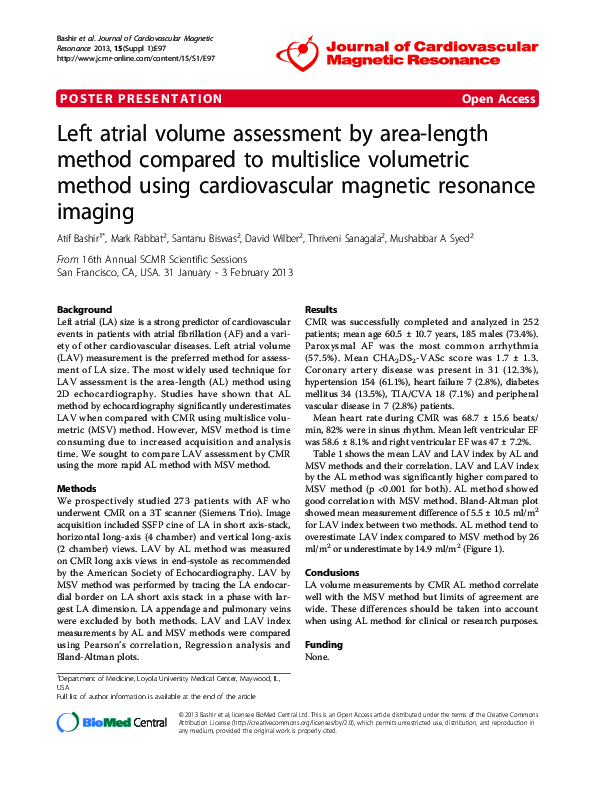(PDF) Left atrial volume assessment by area-length method compared to ...