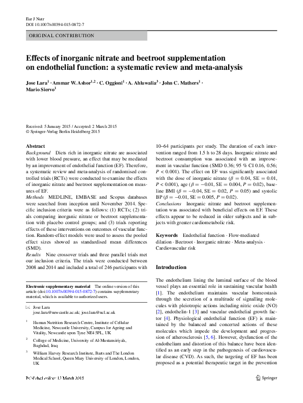 Effects of inorganic nitrate and beetroot supplementation on endothelial function: a systematic review and meta-analysis