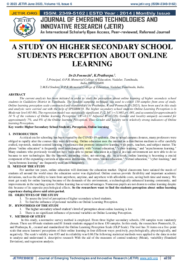 (PDF) A STUDY ON HIGHER SECONDARY SCHOOL STUDENTS PERCEPTION ABOUT ...