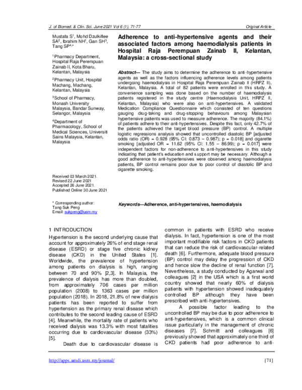 (PDF) Adherence to anti-hypertensive agents and their associated ...
