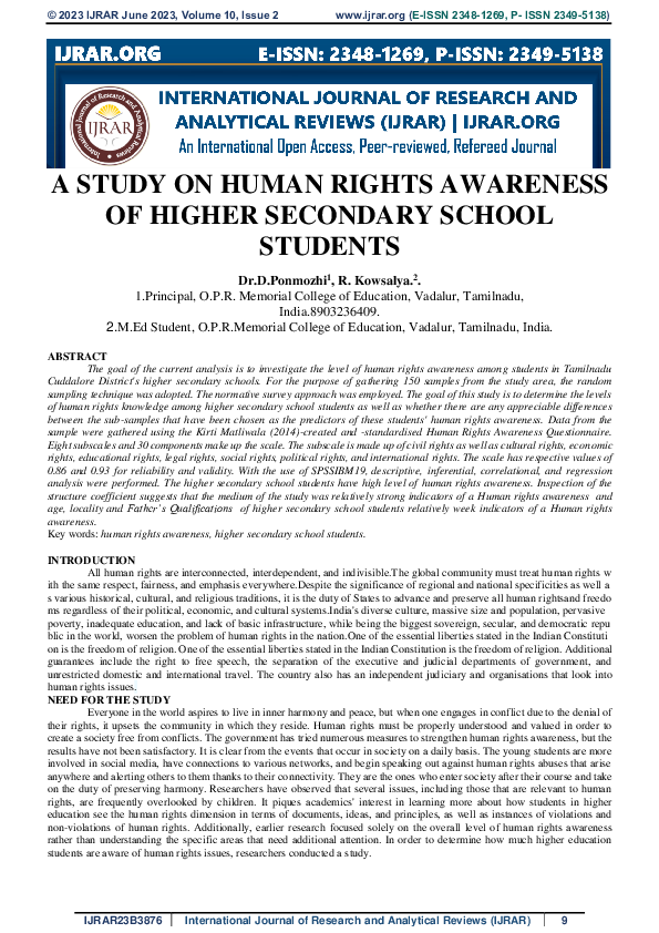 (PDF) A STUDY ON HUMAN RIGHTS AWARENESS OF HIGHER SECONDARY SCHOOL STUDENTS