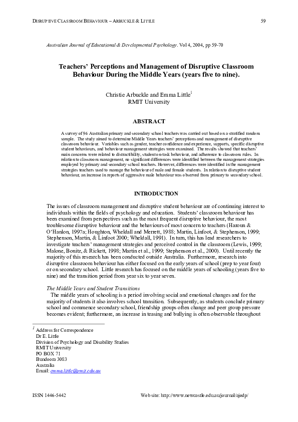 (PDF) Teachers' perceptions and management of disruptive classroom ...