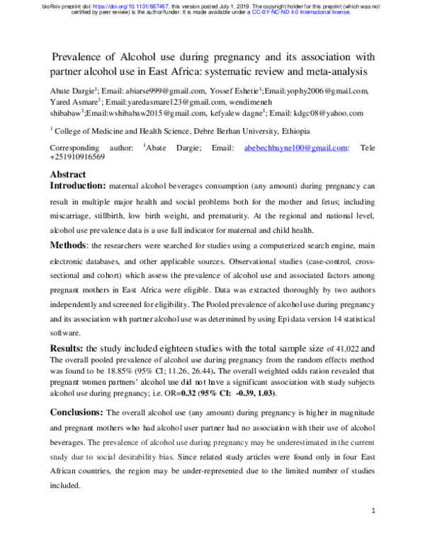 (PDF) Prevalence of Alcohol use during pregnancy and its association ...