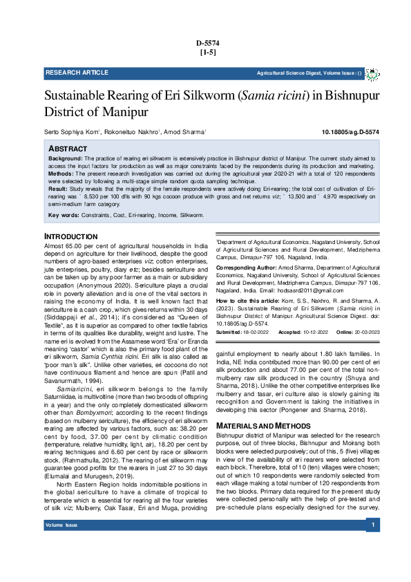 (PDF) Sustainable Rearing of Eri Silkworm (Samia ricini) in Bishnupur ...