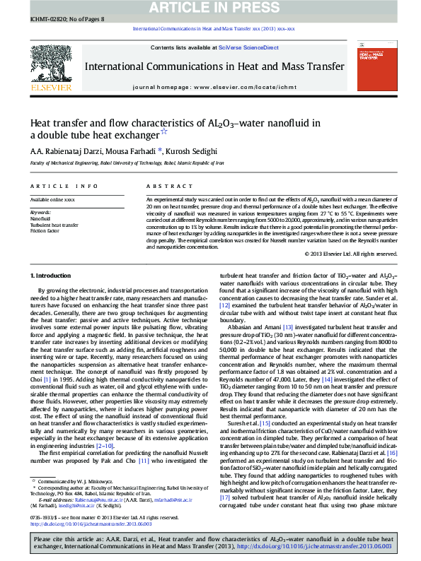 (PDF) Heat transfer and flow characteristics of AL2O3–water nanofluid ...