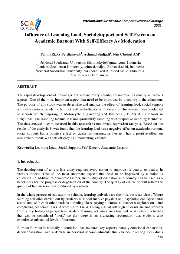 (PDF) Influence of Learning Load, Social Support and Self-Esteem on ...