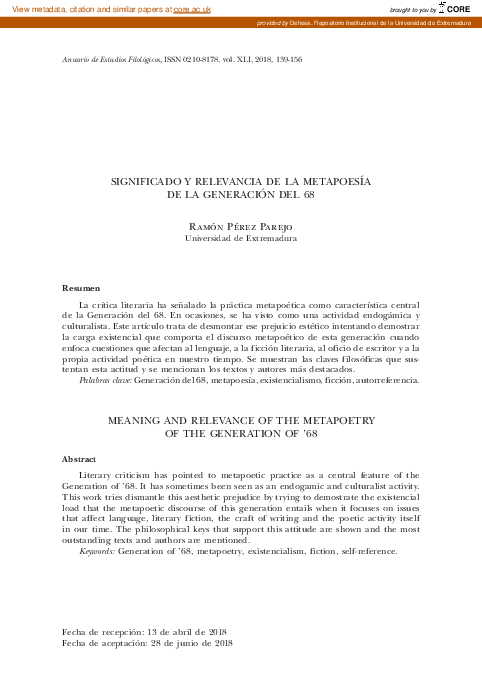 (PDF) Meaning and relevance of the metapoetry of the Generation of ’68